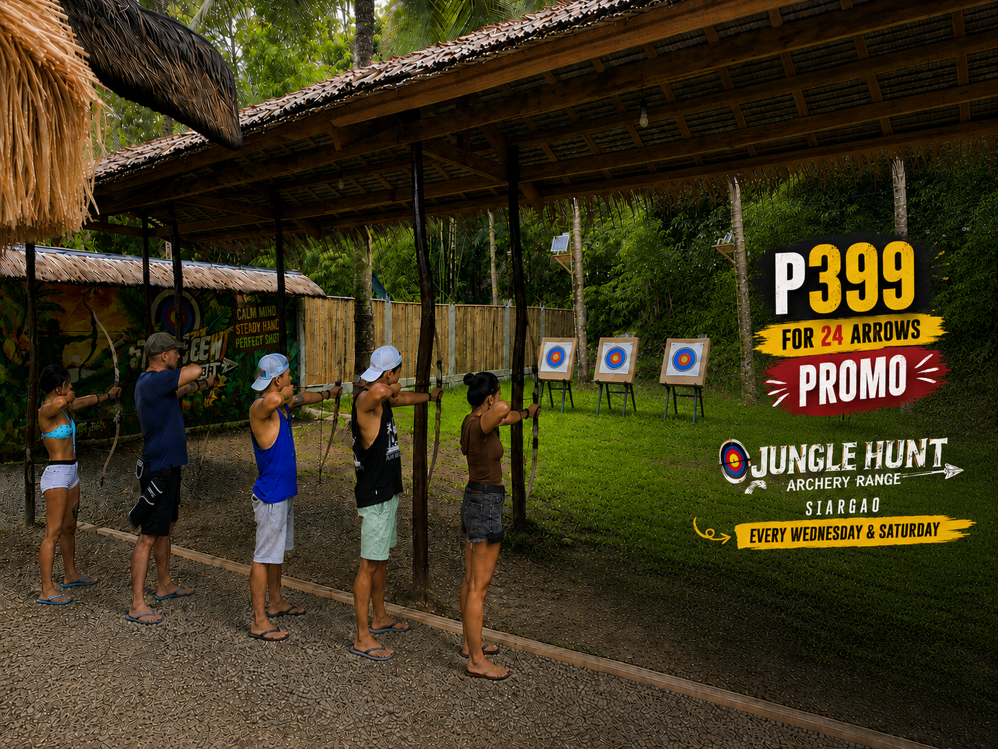 Archer drawing a bow at the Jungle Hunt range